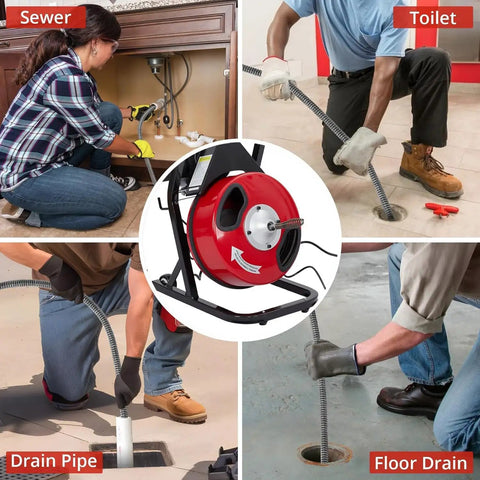 Heavy Duty Electric Drain Cleaner Machine with Automatic Sewer Snake Feed System in use on various pipes and drains.