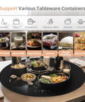 24 Inch Round Electric Food Warmer With Automatic 360 Degree Rotating Turntable Tray And Adjustable Temperature Control Perfect For Keeping Dishes Hot During Parties Buffets And Family Gatherings In Black Finish, showing various containers.
