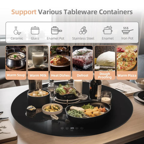 24 Inch Round Electric Food Warmer With Automatic 360 Degree Rotating Turntable Tray And Adjustable Temperature Control Perfect For Keeping Dishes Hot During Parties Buffets And Family Gatherings In Black Finish, showing various containers.