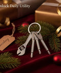 Go To Everyday Carry Keychain Multitool with bottle opener and mini wrench, zinc alloy in silver finish, on festive background