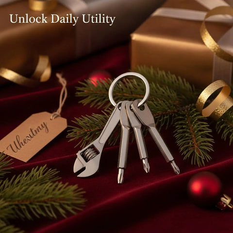 Go To Everyday Carry Keychain Multitool with bottle opener and mini wrench, zinc alloy in silver finish, on festive background