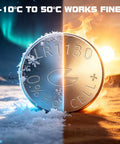 Lr1130 Lr54 And Ag10 Alkaline Button Batteries 1.5V 389 390 Cell 10 Pack, showcased in extreme temperature ranges.