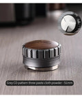 Premium Coffee Distributor And Tamper Leveler For Home Baristas 3 Angled Edges, 51mm grey frame with wood top for espresso prep.