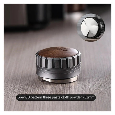 Premium Coffee Distributor And Tamper Leveler For Home Baristas 3 Angled Edges, 51mm grey frame with wood top for espresso prep.