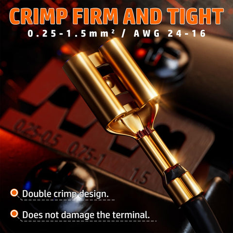 Close-up of Pro Grade Open Barrel Crimping Tool Kit for Car Audio and Auto Wiring, showing crimp precision on AWG 24-16 terminal.