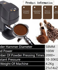 No Sweat Automatic Electric Coffee Tamper With Self Cleaning Stand, 58MM Adjustable Portafilter Press, 22 To 66 Lbs Digital Pressure Control, Smooth Operation Barista Station For Home Brews with coffee beans and ground coffee.