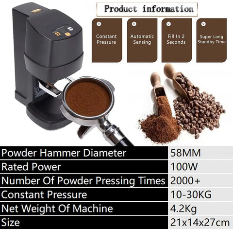 No Sweat Automatic Electric Coffee Tamper With Self Cleaning Stand, 58MM Adjustable Portafilter Press, 22 To 66 Lbs Digital Pressure Control, Smooth Operation Barista Station For Home Brews with coffee beans and ground coffee.