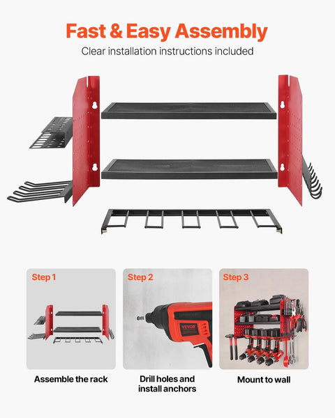 Installation steps for Wall Mounted Power Tool Organizer Three Tier Storage Rack With Four Drill Holders Side Pegboards And Hooks
