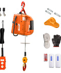 Orange 3-in-1 electric hoist winch with remote control and lifting hook; includes mounting hardware.