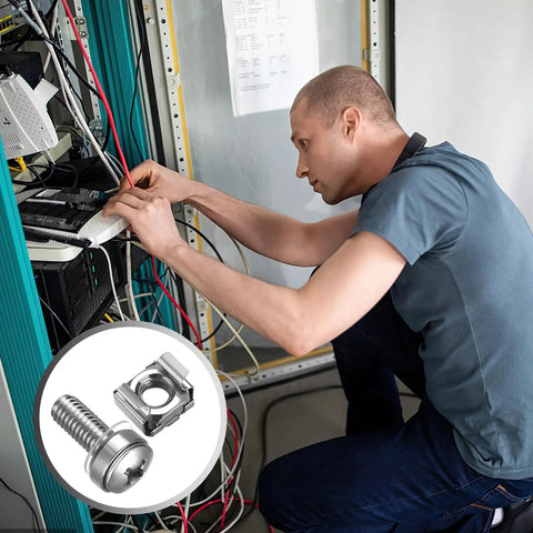 Technician using Tough As Nails Rack Mount Screws And Cage Nuts Kit For Server Cabinets in a server rack installation.
