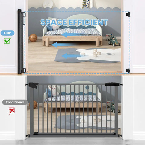 Comparison of Extra Wide Retractable Baby Gate 33 Inch Tall Extends To 72 Inches Mesh Gate and traditional gate showing space efficiency