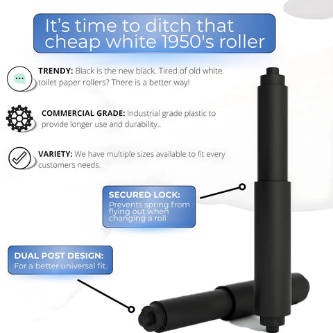 7 Inch Black Toilet Paper Roller Replacement Rod for Standard Size Holders showing dual post design and secured lock feature