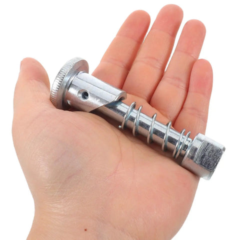 Premium Two Piece Metal Spring Loaded Forklift Locating Pin For 2 3 Ton Industrial Mast Carriage Stop Limit With Tool Free Install And Removal in a hand.
