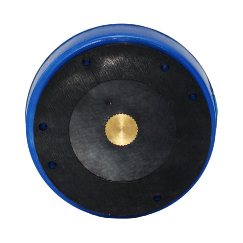 Front view: HFS magnetic base back holder for AGD2 1" dial indicator; blue base, black face, brass insert.