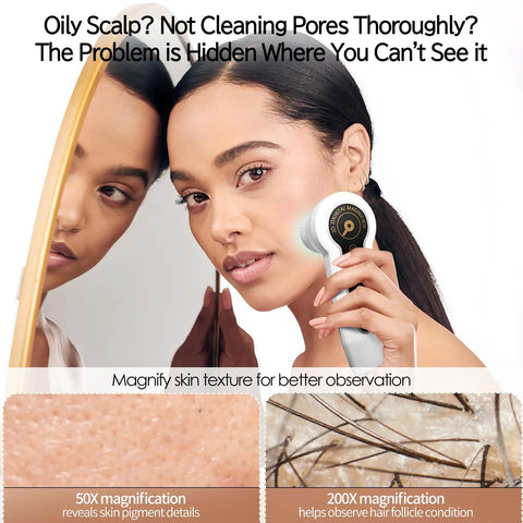 Pro Grade Skin Hair Analyzer With Dual Lens Precision Detection 50X Skin Lens And 200X Hair Follicle Mirror, handheld white device