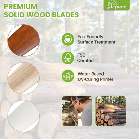 Solid wood blades detail for 52 Inch Indoor Outdoor Ceiling Fan With Light Remote Control, showcasing eco-friendly surface treatment.