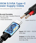Beefy GaN 27W USB C PD Power Adapter For Raspberry Pi 5 Five Point One Volt Five Amp Charger With 130 Centimeter Cable And 100 240V AC Input Built To Power Pi 5 And Peripherals Across 16GB 8GB 4GB And 2GB RAM Models, showing exposed copper wires and cable specs