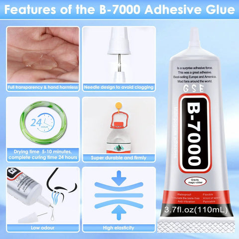 Rhinestones Glue For Crafts 110Ml Clear Adhesive For Diamond Jewelry And Crystal Gems Waterproof Transparent Jewelry Glue For Fabric Phone Repair And Jewelry Making Industrial Strength Craft Bond 3.7 Fl Oz with product features displayed.