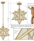 Moravian Star Light Fixture Modern Brass Seeded Glass Pendant Light showing 15-inch shade, adjustable 47-inch chain, detailed view.