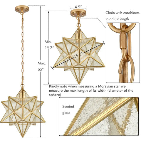 Moravian Star Light Fixture Modern Brass Seeded Glass Pendant Light showing 15-inch shade, adjustable 47-inch chain, detailed view.