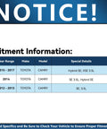 Fitment information for Toyota Camry 2012-2017 with Hybrid SE, XSE 3.5L, SE 3.5L, and Hybrid SE models.