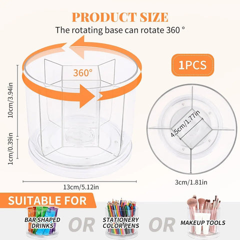 360 Degree Spin Drink Packet Organizer For Pantries And Cabinets, clear acrylic with 5 compartments, product dimensions shown