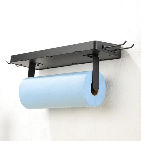 Garage Paper Towel Holder With Shelf And Hooks, black stainless steel wall mount, holds blue paper towel roll.
