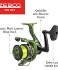 Heavy Duty Big Cat Spinning Reel And Rod Combo For Catfish And Freshwater Anglers Haul Monster Cats With A 7 Foot 2 Piece Rod Pre Spooled With 25 Pound Hi Vis Line Size 60 Reel Forest Green Multi Layer Drag Stack Moderate Fast Action with smooth drag and extra-large handle knobs, forest green design.