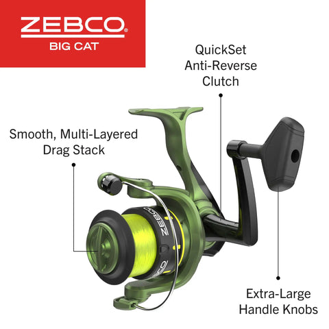 Heavy Duty Big Cat Spinning Reel And Rod Combo For Catfish And Freshwater Anglers Haul Monster Cats With A 7 Foot 2 Piece Rod Pre Spooled With 25 Pound Hi Vis Line Size 60 Reel Forest Green Multi Layer Drag Stack Moderate Fast Action with smooth drag and extra-large handle knobs, forest green design.