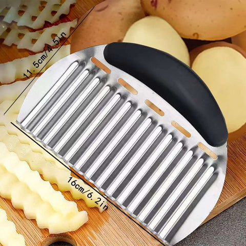 Front-angle view of stainless steel French fry slicer for potatoes with black handle.