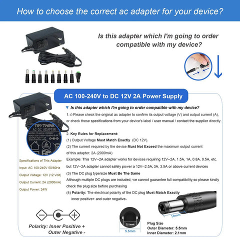 12V 2A Power Adapter For LED Strips CCTV Cameras And Routers, 24W AC To DC Converter With 5.5mm X 2.1mm Tip And 9 Interchangeable Jacks, Plug And Play Ready, Wide 100-240V Input Inner Positive Safe And Reliable. Black AC adapter with 9 jacks and 5.5x2.1mm plug