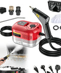 Powerful 2500W Handheld Steam Cleaner With Six Adjustable Settings, shown with accessories, red color, in use on kitchen stove.