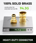 Solid Brass Quick Connect Hose Fittings Set With Universal Three Quarters Inch GHT Fit No Leak Hassle Free Easy Install shown on scale