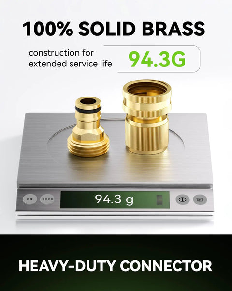 Solid Brass Quick Connect Hose Fittings Set With Universal Three Quarters Inch GHT Fit No Leak Hassle Free Easy Install shown on scale