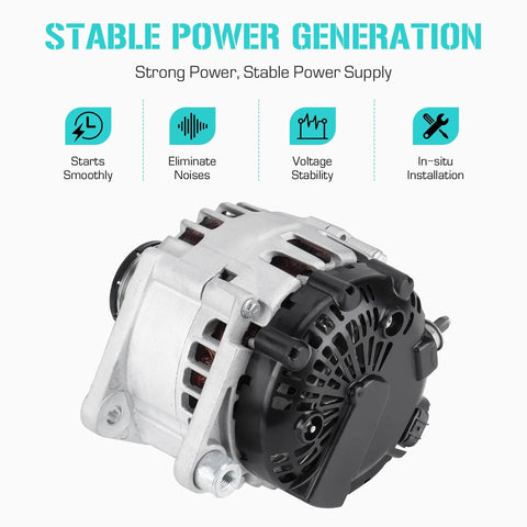Drop-In 2.5L Alternator Replacement For Altima, Sentra And Rogue With 3-Pin Plug, side view of alternator showing black fan.