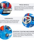 Close-up of features on No Hassle Automatic Edge Banding Machine Heavy Duty Workhorse, showing press wheels, handwheel, and adhesive coating mechanism.