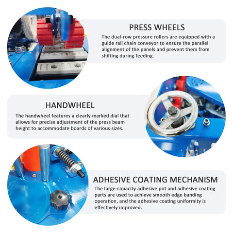 Close-up of features on No Hassle Automatic Edge Banding Machine Heavy Duty Workhorse, showing press wheels, handwheel, and adhesive coating mechanism.