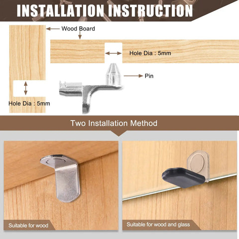 Installation methods for 237 Piece Shelf Pins Kit with Nickel Plated Metal Pins, Black Rubber Sleeves for cabinets, bookshelves.