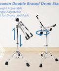 Youeon Heavy Duty Double Braced Snare Drum Stand With Stick Holder fits 10 14 Inch Kicks, showing adjustable height and angle.