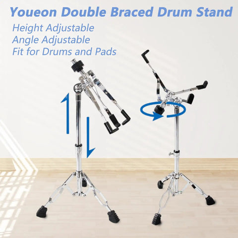 Youeon Heavy Duty Double Braced Snare Drum Stand With Stick Holder fits 10 14 Inch Kicks, showing adjustable height and angle.
