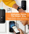 Home Key Smart Lock For Front Door, HomeKit Compatible Fingerprint Keypad Deadbolt With Built In WiFi, Remote App Access, Auto Lock, Alexa Compatible, Matte Black shown with smartphone and smartwatch control features.