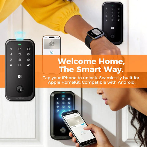 Home Key Smart Lock For Front Door, HomeKit Compatible Fingerprint Keypad Deadbolt With Built In WiFi, Remote App Access, Auto Lock, Alexa Compatible, Matte Black shown with smartphone and smartwatch control features.
