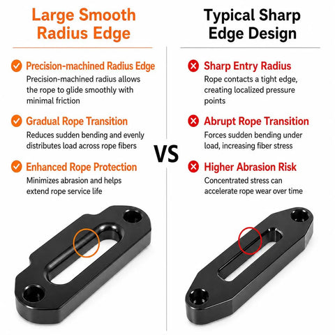 Comparison of large radius vs sharp edge design for Tough As Nails Heavy Duty Aluminum Hawse Fairlead, highlighting rope protection