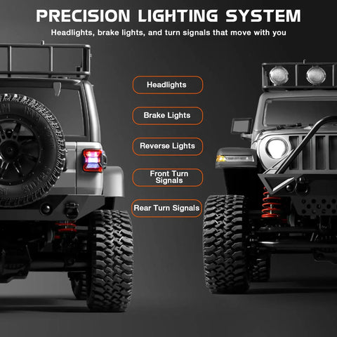 Front and rear detail of 1/12 Scale RC Crawler MN128 4x4 Off Road Jeep Truck with realistic body and LED lights.