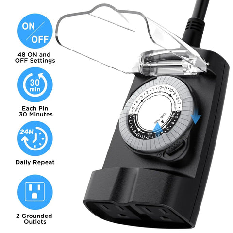 Heavy Duty Waterproof Outdoor Light Timer 24 Hour Dual Socket Plug With 48 Settings For Christmas Lights Pool Pumps And Garden Irrigation close-up of timer with settings.