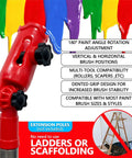 Close-up of Multi Angle Paint Brush Extender For High Ceilings Red With Rotating Head 3 In 1 Edger Tool Fits Brushes From 1 To 5 Inches Roller Scraper And Pole Attachment Holder Ideal For Corners And High Ceilings Letting You Reach Tight Spots Without Ladders.