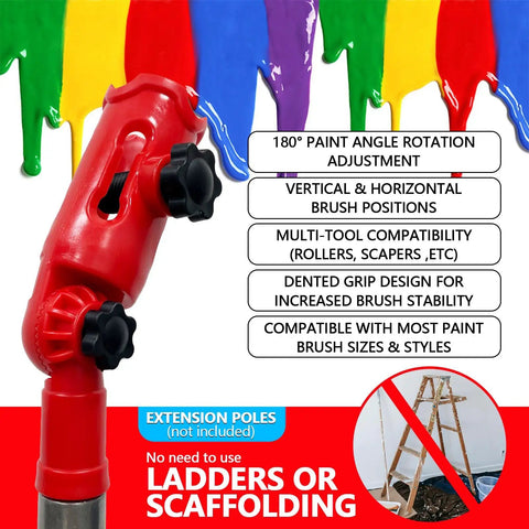 Close-up of Multi Angle Paint Brush Extender For High Ceilings Red With Rotating Head 3 In 1 Edger Tool Fits Brushes From 1 To 5 Inches Roller Scraper And Pole Attachment Holder Ideal For Corners And High Ceilings Letting You Reach Tight Spots Without Ladders.