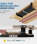 Diagram showing installation of Under Desk Keyboard Tray With Sturdy C Clamp Mount, 32.5 Inch Clamp To Clamp Length, slide under desk.
