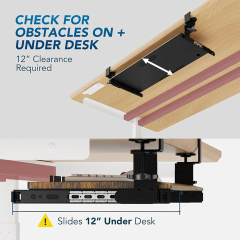 Diagram showing installation of Under Desk Keyboard Tray With Sturdy C Clamp Mount, 32.5 Inch Clamp To Clamp Length, slide under desk.