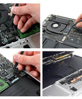 Hands using tools to repair and replace components inside a laptop, showing detailed view of internal circuits and parts.